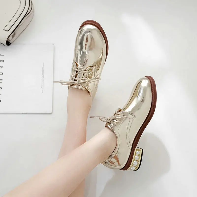 Gold Silver Women Shoes Vintage British Wind Round Head Lace-up Pearl Thick Heel Patent Leather Women's Single Shoes
