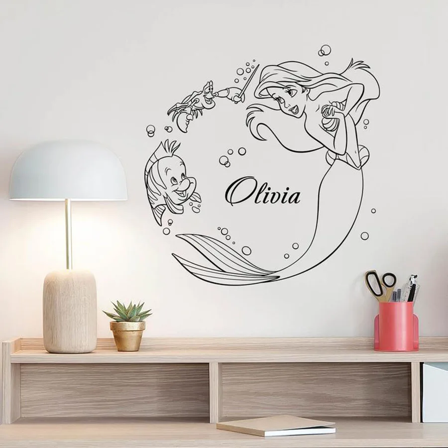 Little Mermaid Wall Decal Personalized Name Baby Poster Custom Name Nursery Vinyl Sticker Kids Gift Playroom Art Decor S510