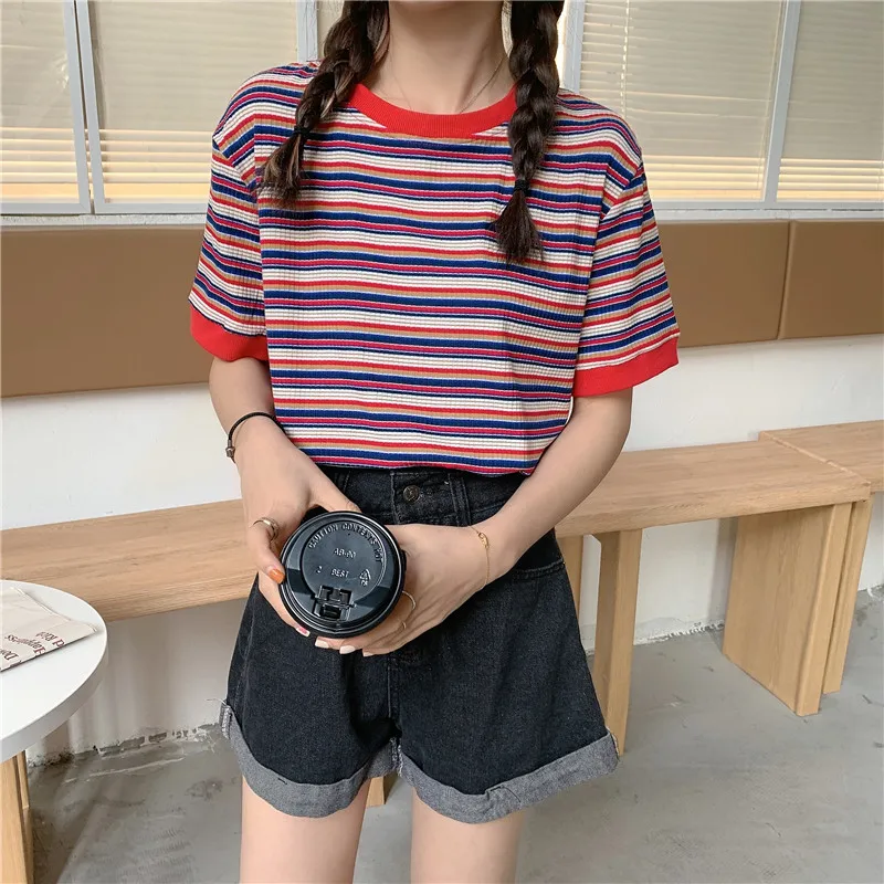 

Polo Elegant Rainbow Striped Short Sleeve T-shirt Women's Loose Korean Style Student Fashion Ins Harajuku Style BF Half Sleeve