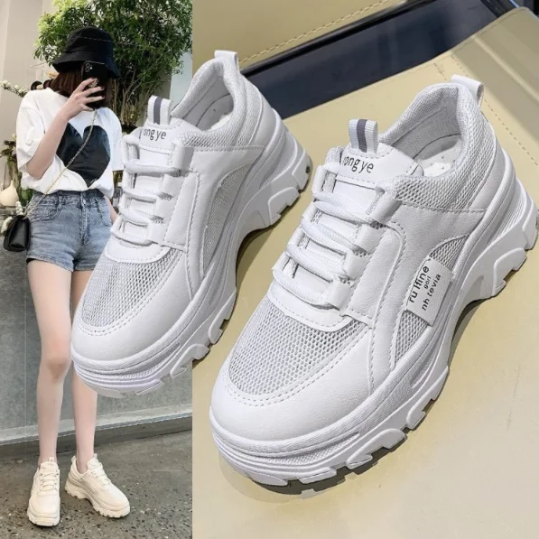 

2021 New Shoes Women's Sports Shoes Women's Thick-soled Elevator Shoes Synthetic Women White Shoes Breathable