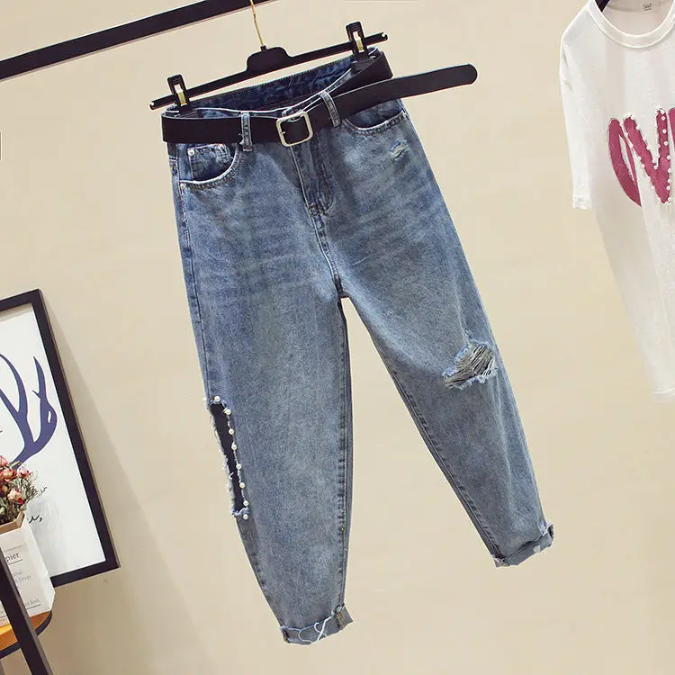 

New High Waist Jeans Women Loose Korean Students Large Size Slim Hole Capri Daddy Straight Pants