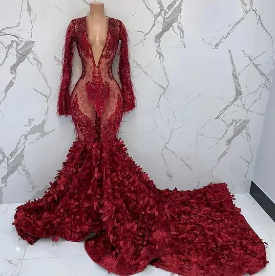

Prom Dress 2020 Mermaid Elegant Long Sleeve Red Feather Plus Size African Formal Night Party Evening Gowns Arabic