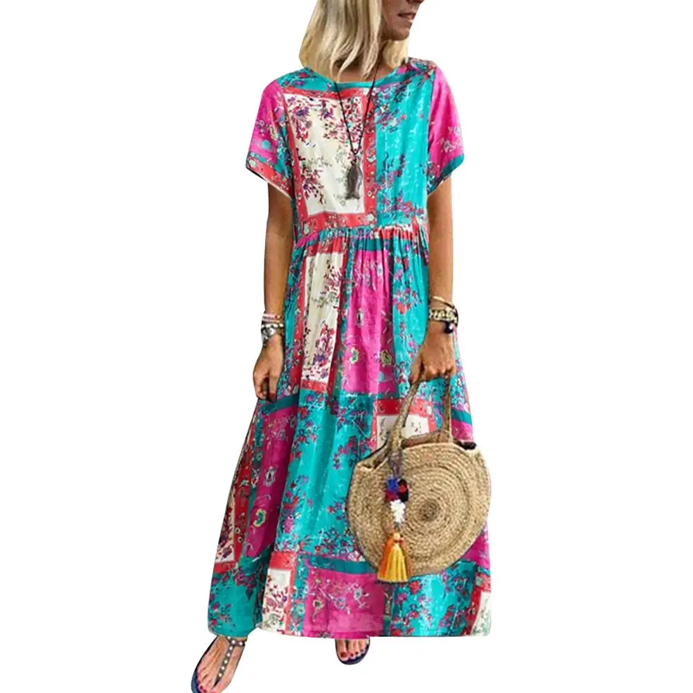 

Vintage Women Boho Dress Vintage Color Block Flower Print Short Sleeve Loose Summer Women Maxi Dress 2022