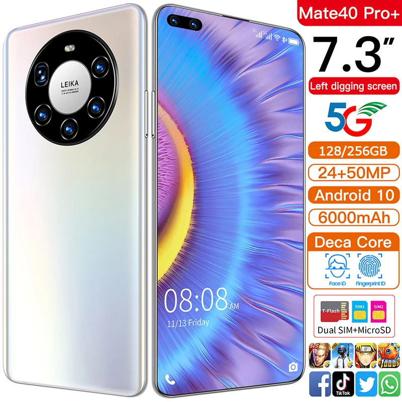 

New Arrival 7.3 Inch Full Screen Mate40 Pro+ 5G Smartphone 12+512GB 6000MAH Dual SIM Android10 Deca Core Face ID MTK6889 24+50MP