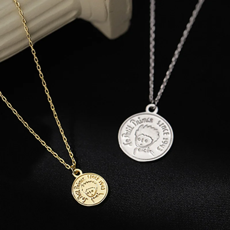 

New Carved Coin Little Prince Necklace For Women Metal Simple Personality Jewelry Pendant Long Necklaces Bohemia Charm Gift