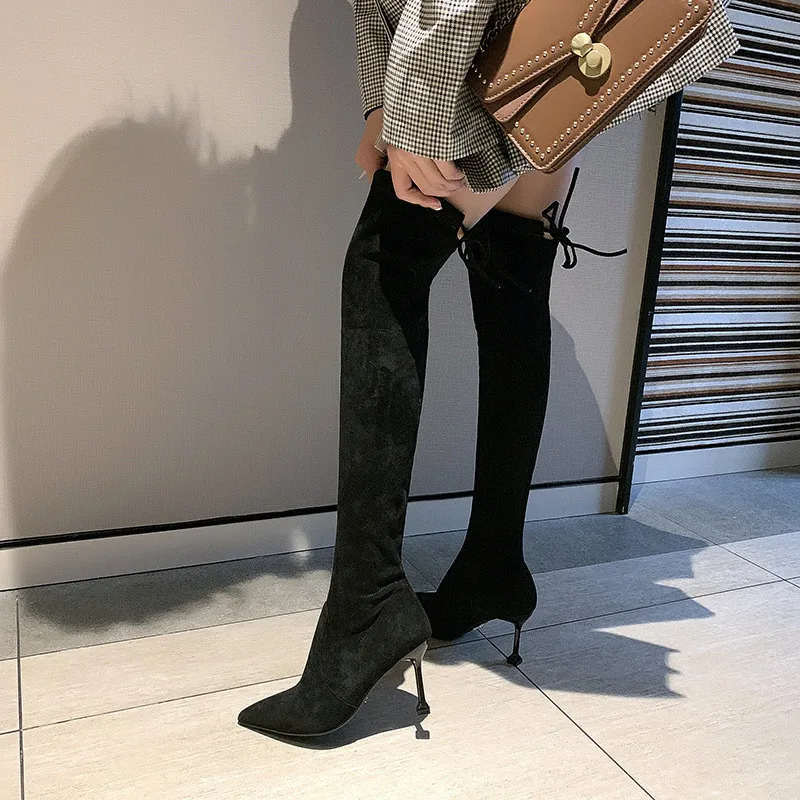 

2020 New Autumn Winter Women Shoes Pointed Toe Over The Knee High Boots Thin High Heel Stretch Long Boots Stiletto Lace up boots