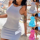 2022 Повседневная Женская одежда, стильное и элегантное мини-платье без рукавов, с круглым вырезом, соблазнительное, шикарное, однотонное платье, вечерние платья