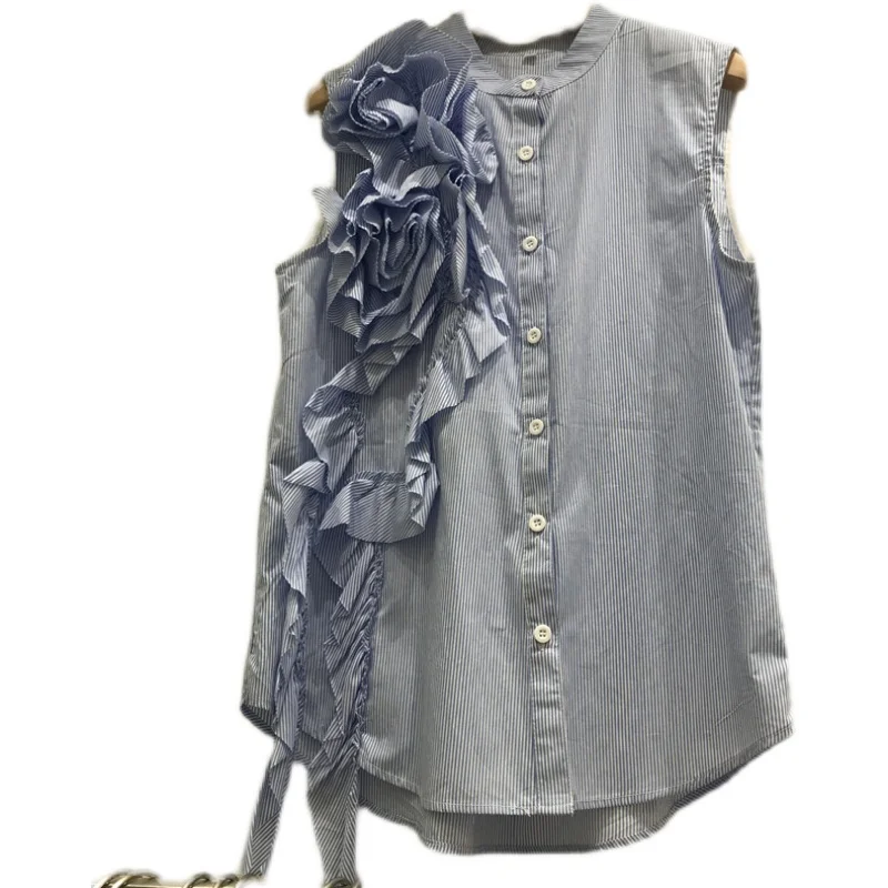 

Sleeveless Blouses Femme 2021 Summer New Korean Style Women's Clothing Three-Dimensional Flower Pleated Ruffles Loose Shirt Top