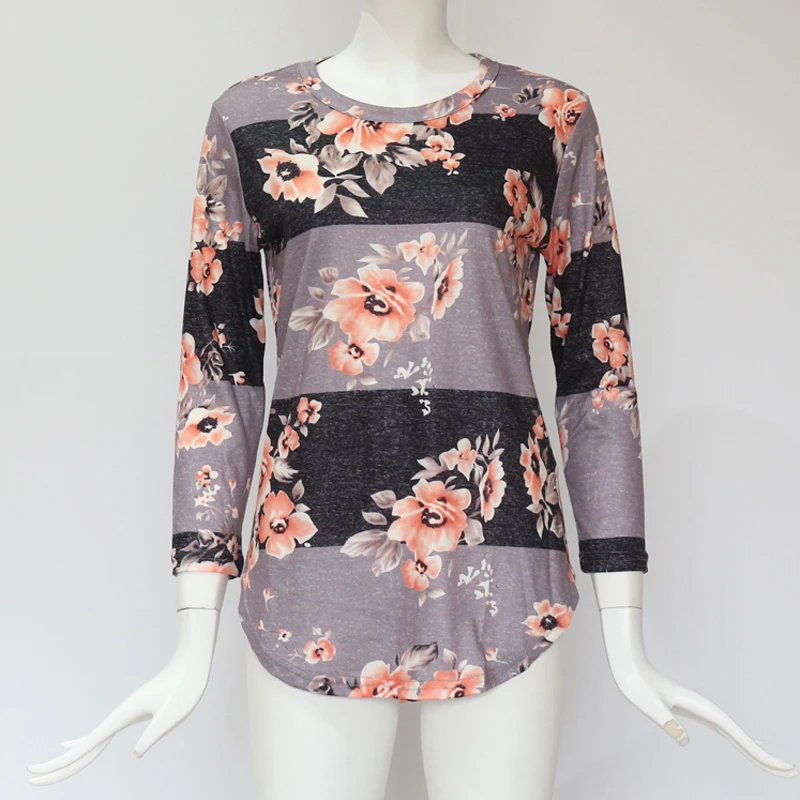 

2019 Autumn 3/4 Sleeve Floral Print T-Shirts Women Long Sleeve T shirt O-neck Casual Striped Tops Cotton Tee Shirt Plus Size XXL