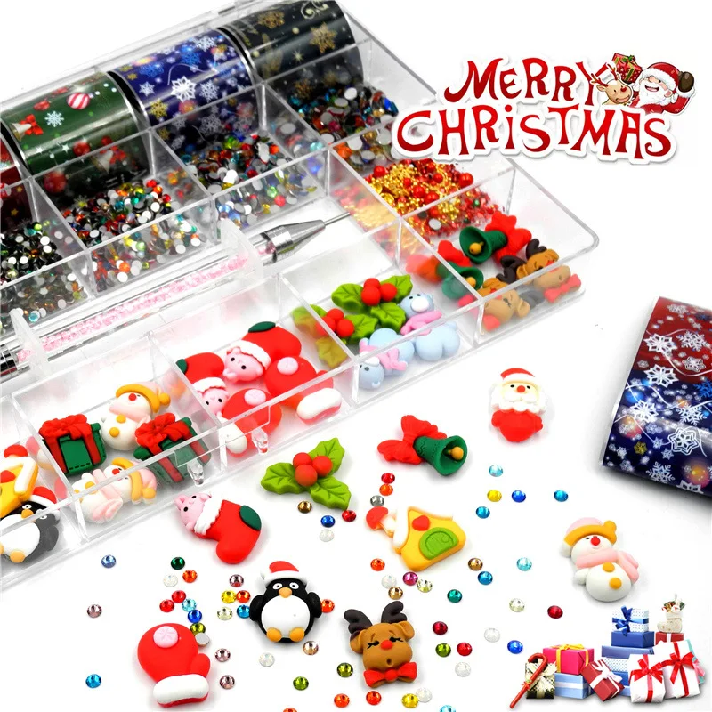 

1Box Nail Christmas Charms Jewel Kit Nail Foil Rhinestones Resin Charms Nail Art Accessories For Festival Nail Decoration Set