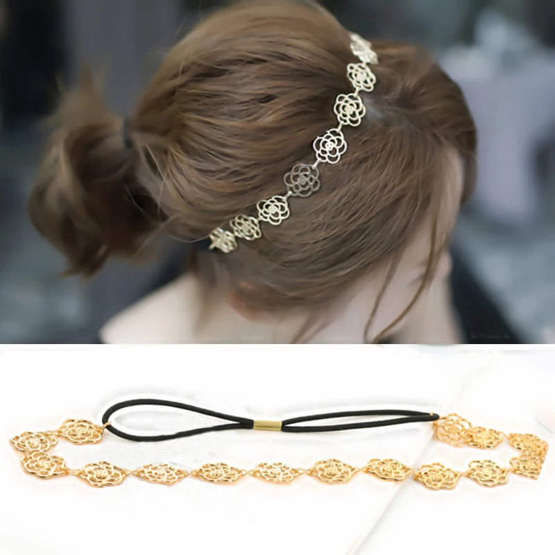 

Fashion 1pc Golden Rose Flower Elastic Women Girls Hair Band Hollow Charming Headband Accessories