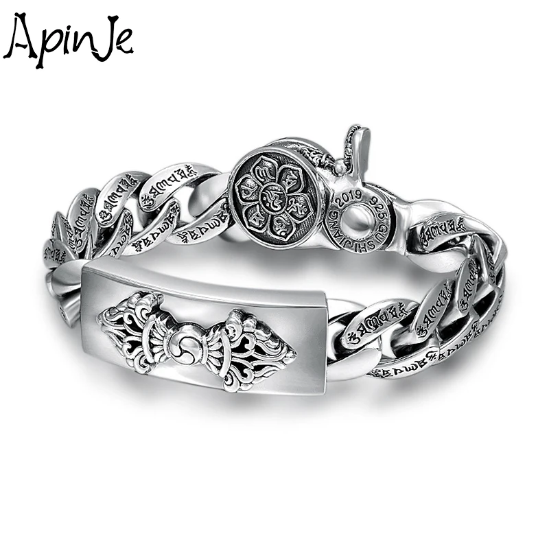 

Apinje винтажный браслет-цепочка, искусственный серебряный мужской толстый мужской браслет Vajra с шестью надписями мантра, мужские ювелирные и...