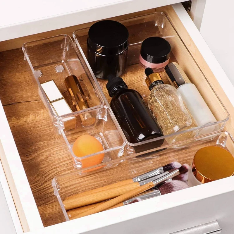 

4 Pcs Mini Document 13 Pocket File Organizer, with Buttons or Lanyard & 13 Pcs 5-Size Clear Desk Drawer Organizer Trays