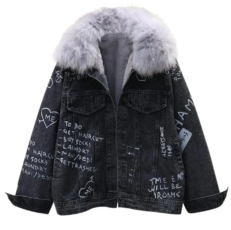 Зимняя женская куртка новинка 2019 свободная граффити натуральный мех воротник