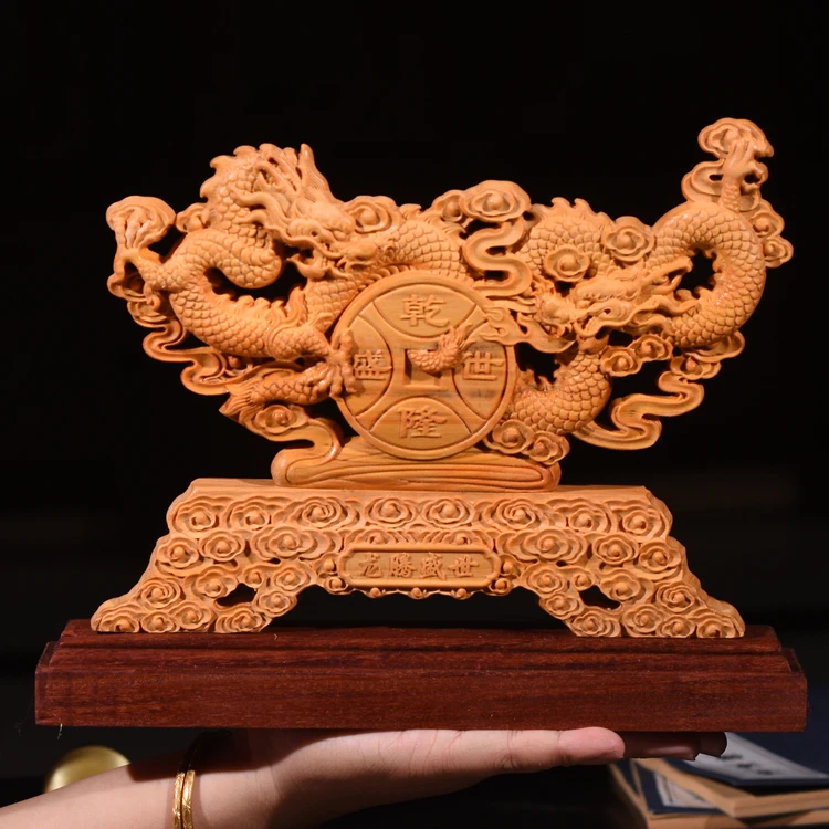 

23CM DOUBLE DRAGON DOUBLE-SIDED HOLLOW WOOD CARVING FLOURISHING TIMES DECORATION SOLID WOOD CRAFTS