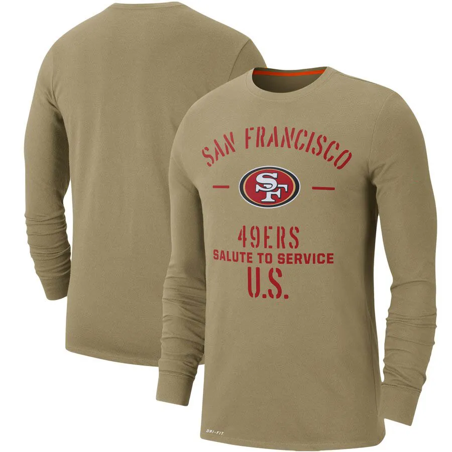 

San Francisco Men Brand T-shirt Olive football 49ers Salute to Service Sideline Performance Long Sleeve Sweatshirt Tops Tees Tan