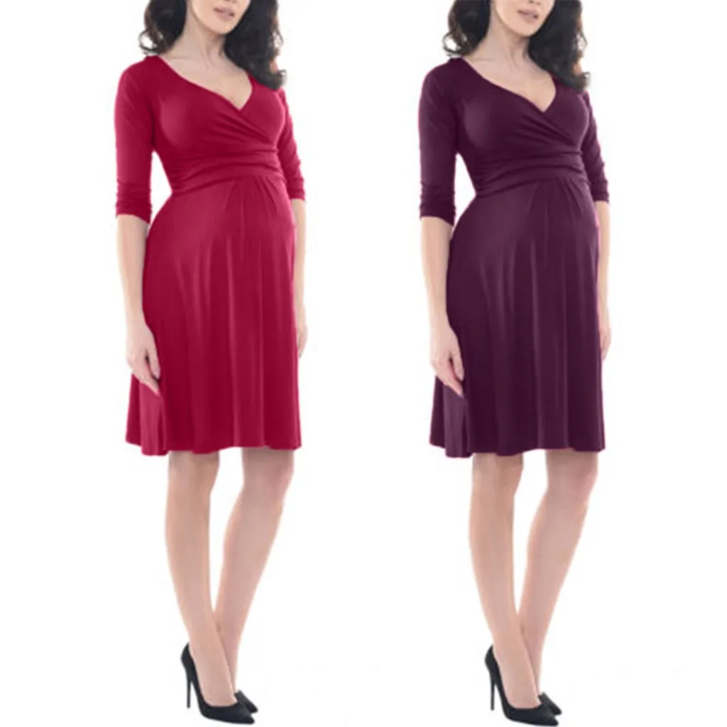 

Mutterschaft Kleider frauen Einfarbig 3/4 Hülse V-ausschnitt Formale Kleid Schwangerschaft Kleidung Ropa Premama Plus Größe
