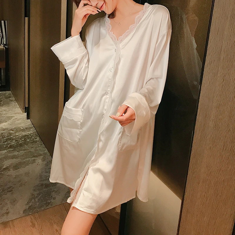 

Spring Sleeping Skirt Female Sexy Loose Nightwear V-Neck Satin Sleepwear Long Sleeve Casual Nightgown Summer Thin Home Dressing
