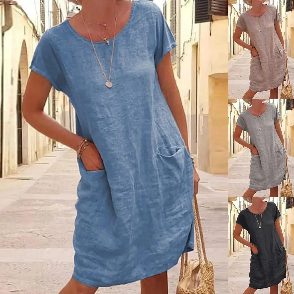 

Women Casual Solid Color Short Sleeve O Neck Pockets Loose Cotton Linen Dress