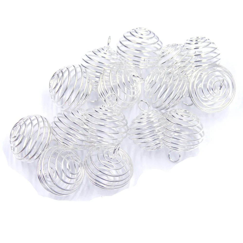 50Pcs Pendants Spiral Bead Cages Adjustable Round Alloy Silver Plated Charm Fashion Jewelry DIY Finding 29x24mm