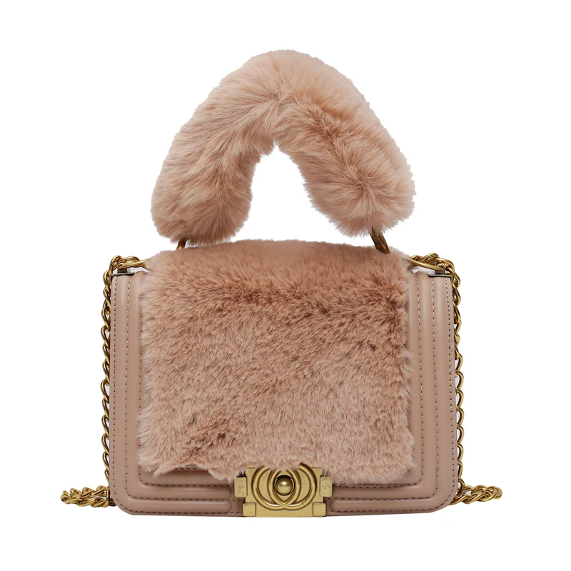 

Elegant Faux Fur Female Tote Bag Women Designer Lock Handbags Winter Plush Chian Women Shoulder Bags Luxury Pu Leather Lady Flap