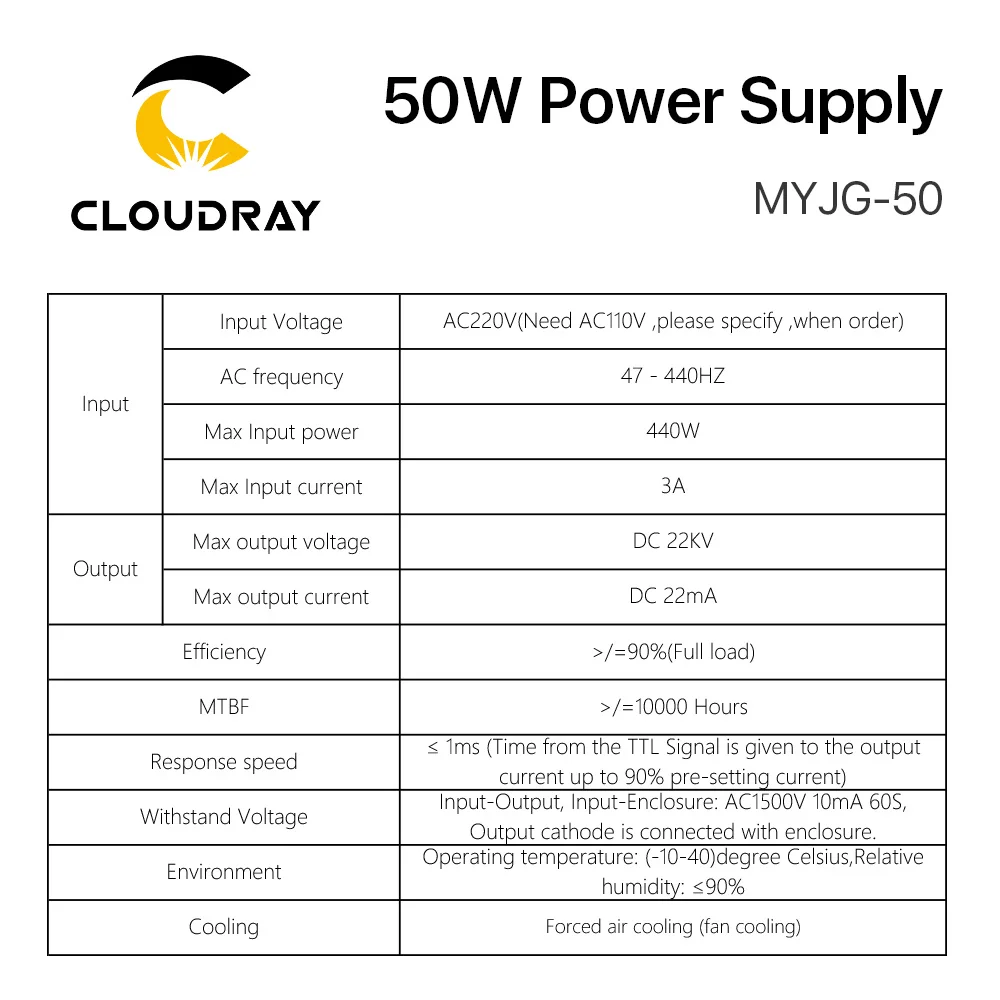 

Cloudray 50W CO2 Laser Power Supply 3A Output for 45-50W Laser tube CO2 Laser Engraving Cutting Machine MYJG-50