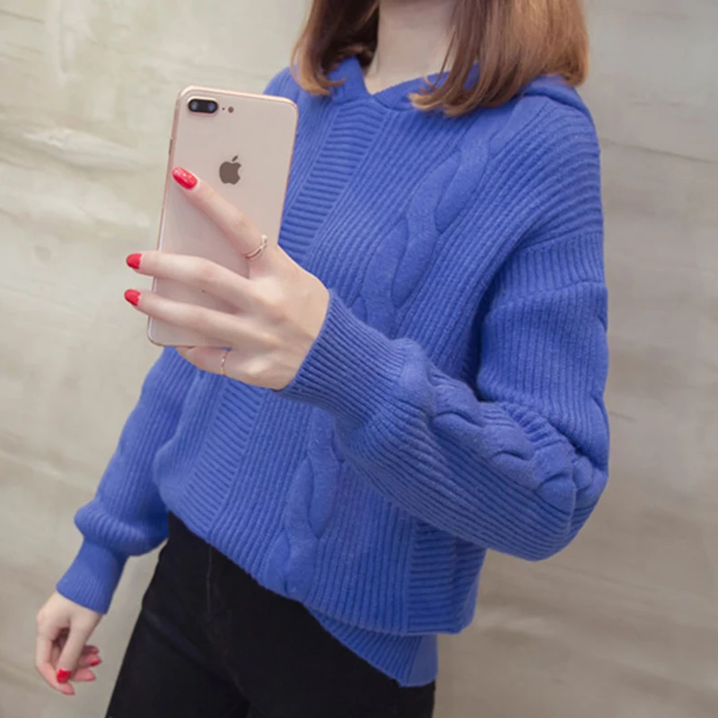 Модный женский Однотонный свитер с капюшоном свободный толстый базовый джемпер