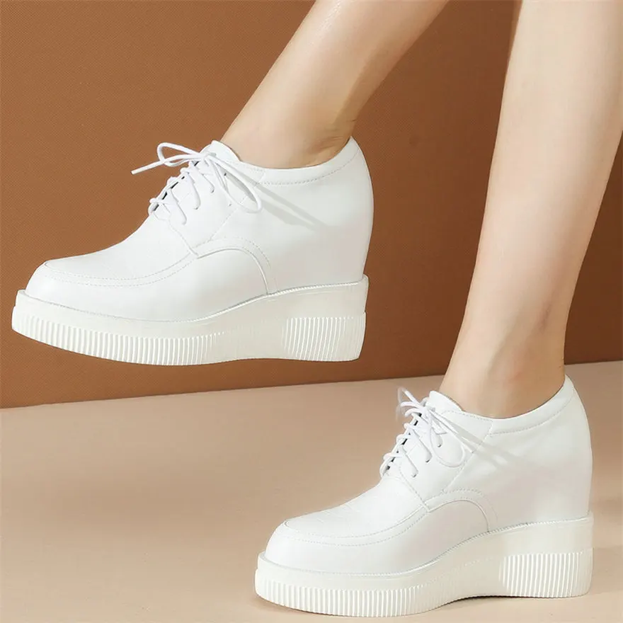 Casual Shoes Women Genuine Leather Wedges High Heel Ankle Boots Female Lace Up Pointed Toe Fashion Sneakers Low Top Trainers