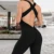 Женский комплект для йоги с лямкой на шее, Черная спортивная одежда, сексуальный бандажный комбинезон без рукавов, обтягивающий комбинезон, Однотонные эластичные спортивные костюмы для фитнеса - изображение