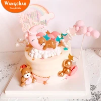 rainbow clouds moon sleeping bear happy birthday cake topper boygirl baby shower party supplies cake decoration kids favors