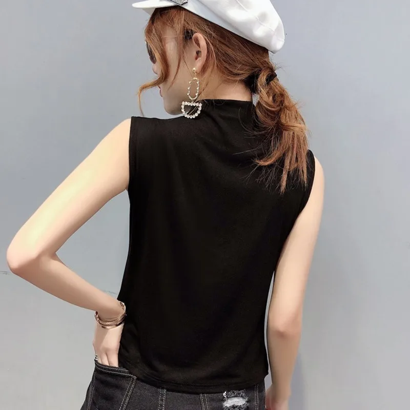 New European Summer Womens Sleeveless Shiny Diamonds Tees Half Turtleneck Slim Fit Night Club Wear Female T-Shirts Plus Size 3XL | Женская