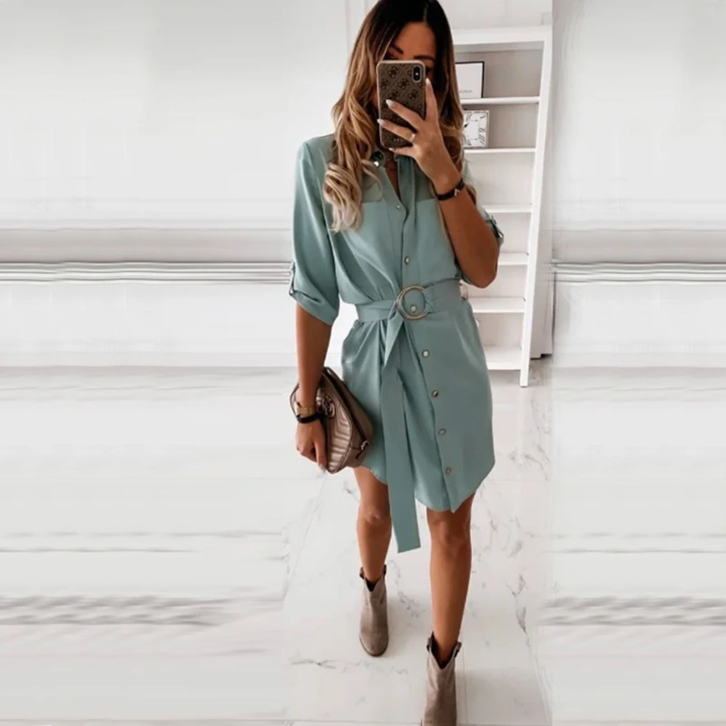 

Women Casual Belt Shirt Dress Seven Sleeve Turn Down Collar Office Ladies Dress Solid Pockets Elegant A Line Dress 2021 Vintage