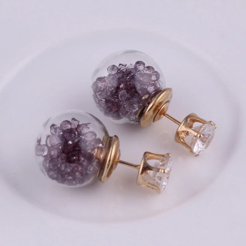 Vidrio flor calientev cristal moda bola de mujeres doble pendientes botella arena prisionero perno|Серьги-подвески| |