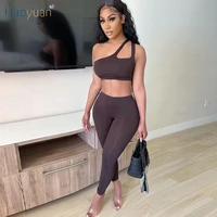 haoyuan sexy two piece set club outfits one shoulder hollow crop top sweat pants set women summer clothes tracksuit matching set