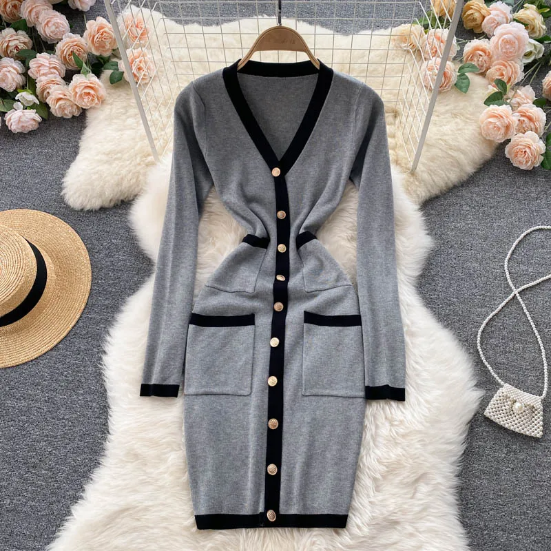 

Трикотажное облегающее платье-свитер черного и серого цвета, женское осеннее однобортное платье с V-образным вырезом и длинным рукавом, тон...