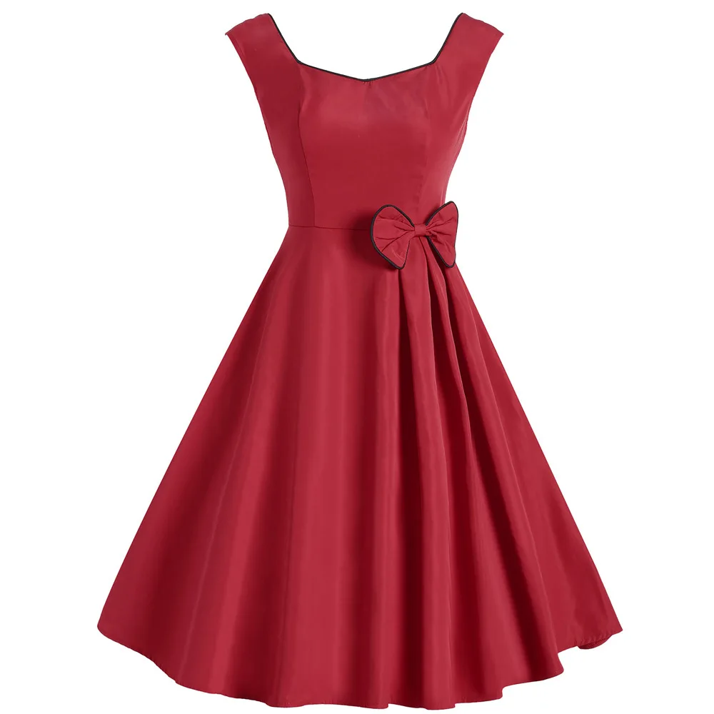 Summer Women Dress Bow Blackless Solid High Waist  Sleevesless Casual Office Ladies Work Dresses Retro Elegance Vestidos