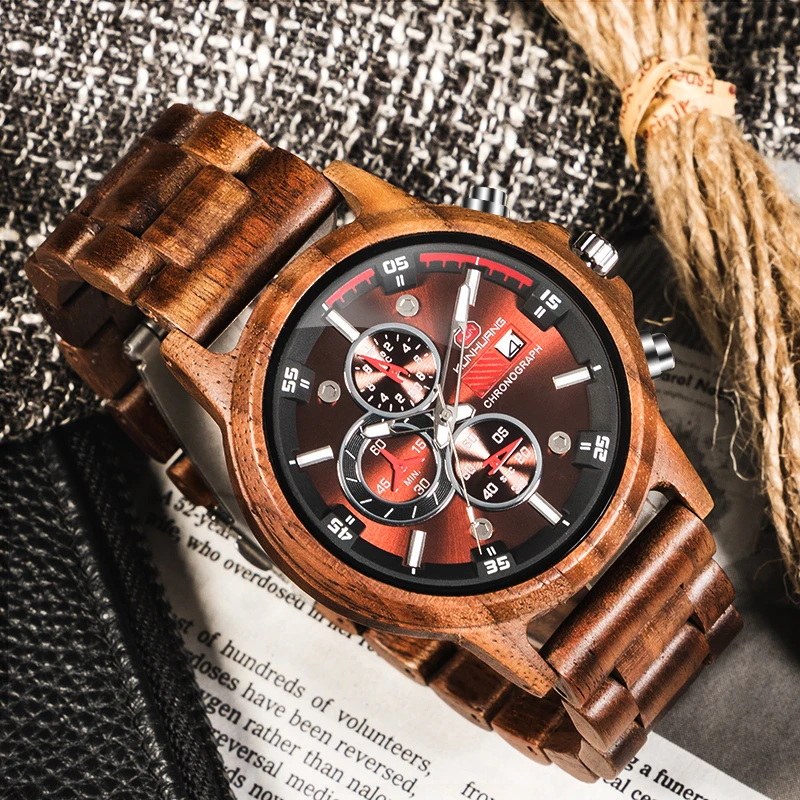 

Personalized Custom Natural Wooden Watch Men Multifunction Chronograph Military Sport Quartz Wood Watches Male relogio masculino