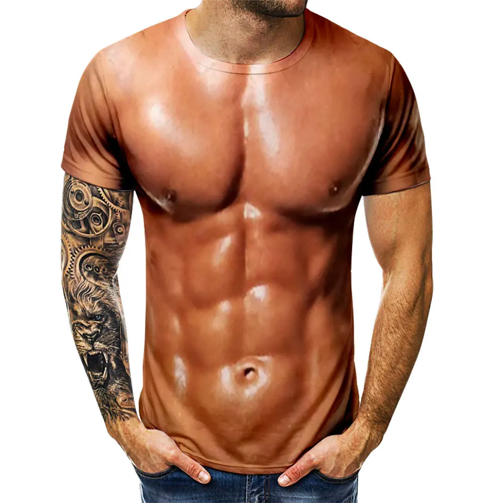 

Men's 3D T-Shirt Bodybuilding Simulated Muscle Tattoo T-Shirt Casual Nude Skin Chest Muscle Tee Shirt Funny Clothes Short