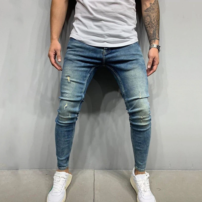 

Spring Fashion Elastic Jeans Men's Casual Dark Blue Slim Fit Pants Zipper Slim Destroyed Hip Hop Male Trousers Clothes Pants Man