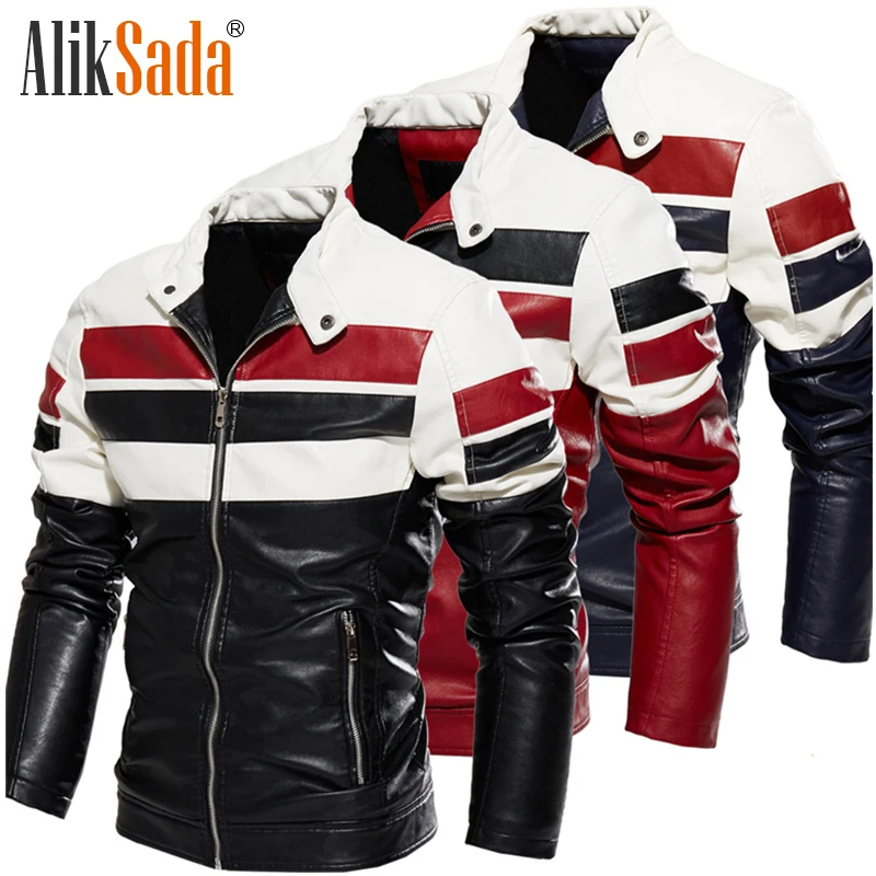 

Aliksada Cross-Border Men Leather Jackets 2021 New fashion Color-Blocking Pu Jacket Plus Velvet Leather Jacket Men Large Size