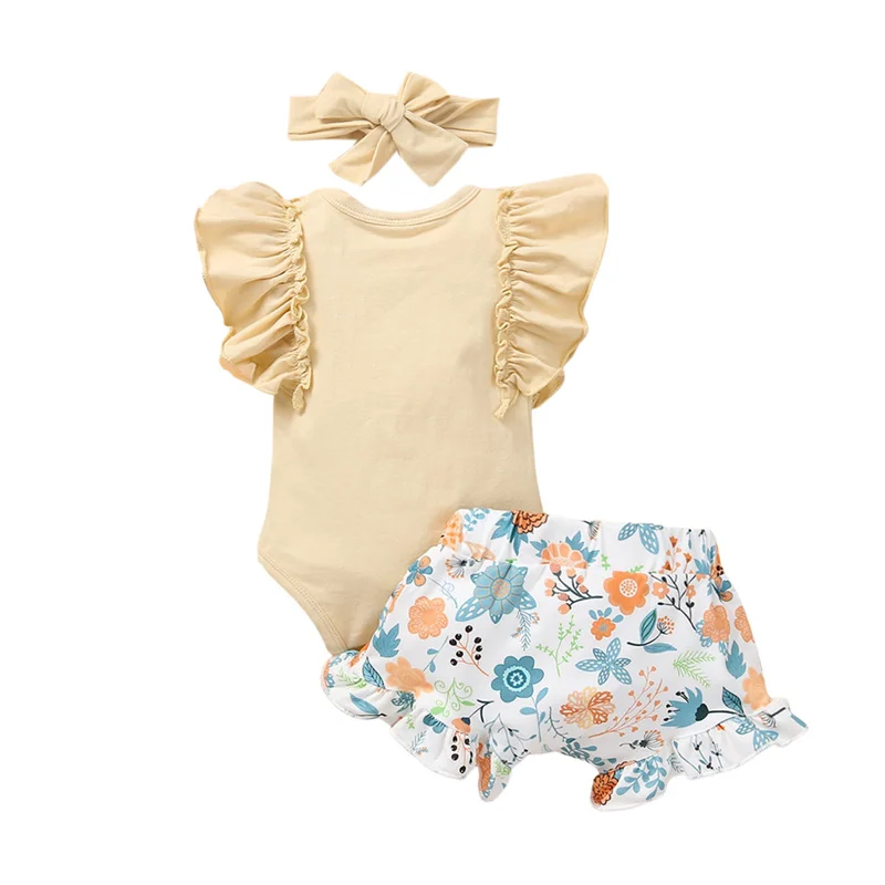 

3Pcs Newborn Baby Girls Sweet Cotton Outfits,Letter Print Flying Sleeve O-neck Romper+Floral Print Shorts with Ruffles+Headband