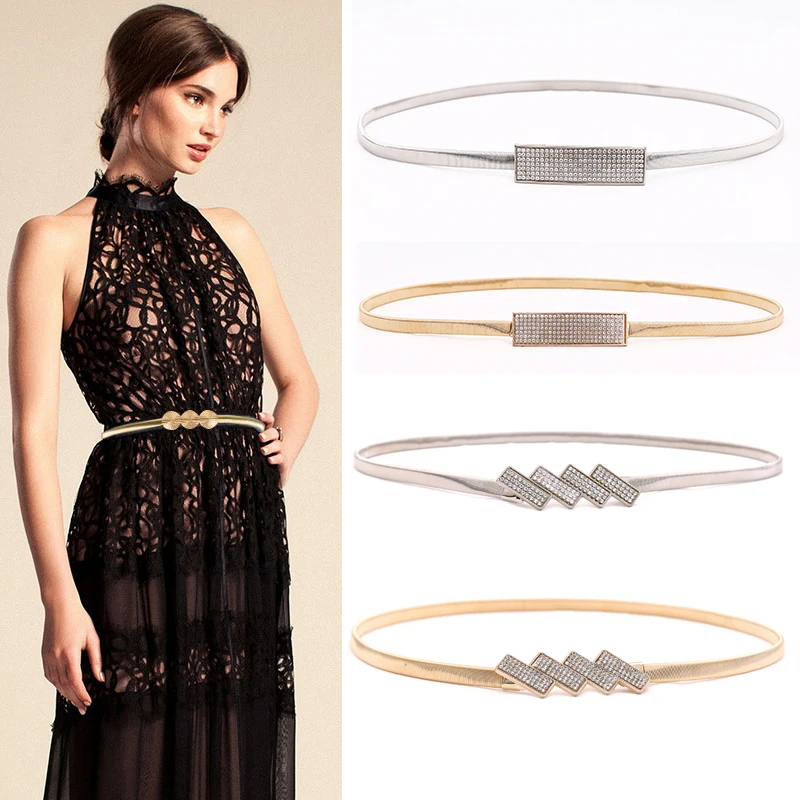 

New Silver Gold Metal Belt Double Ring Imitate Rhinestone Lady Waist Belt Dress Suits Elastic Thin Slim Women Belts Waistband