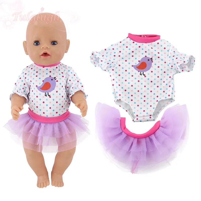 

Purple Birds Bodysuits and Sand Skirt Suits Wear For 43cm Baby Doll 17 Inch Reborn Baby Doll Clothes Accessories Gift
