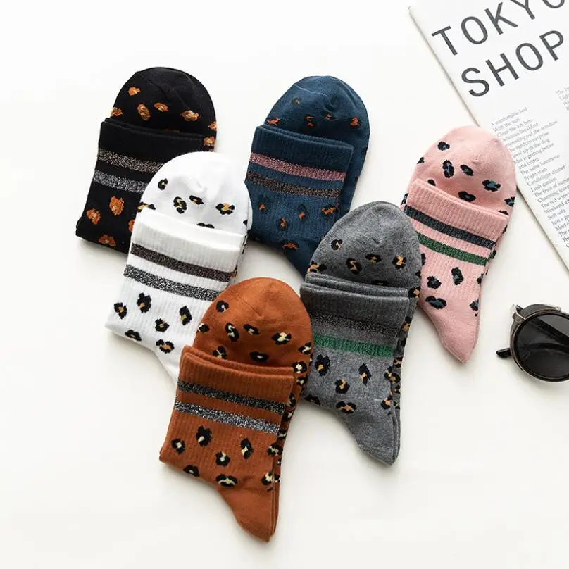 Women Solid Leopard Cotton Socks Lurex Striped Cuff Stripes Warm Thick Winter Girls Pink Grey Ankle 6pairs/lot | Женская одежда