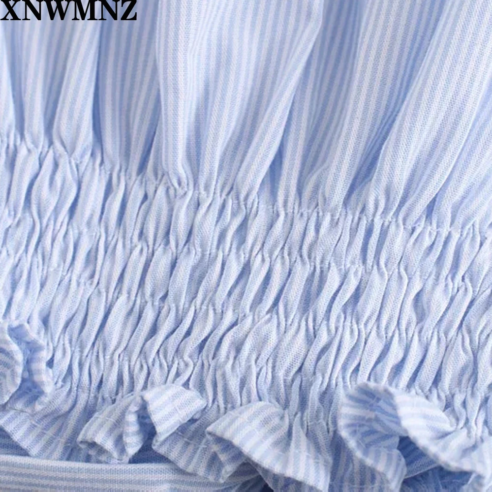 

XNWMNZ za Fashion Women Hem Knotting decoration Striped Shirts Woman Summer Long Sleeve Blouse Femme Short Tops