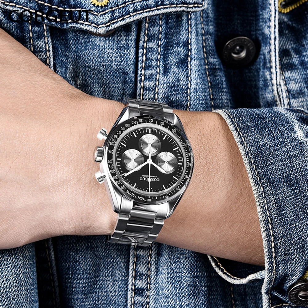 Часы мужские кварцевые с хронографом нержавеющая сталь 24 часа | Наручные часы