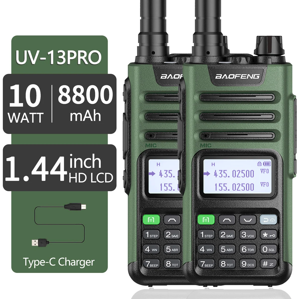 

2PC BaoFeng UV-13 PRO 10W High Power Walkie Talkie UV13 Pro Support Type-C Charger 50KM Long Range Distance Upgrade UV-5R BF-9R