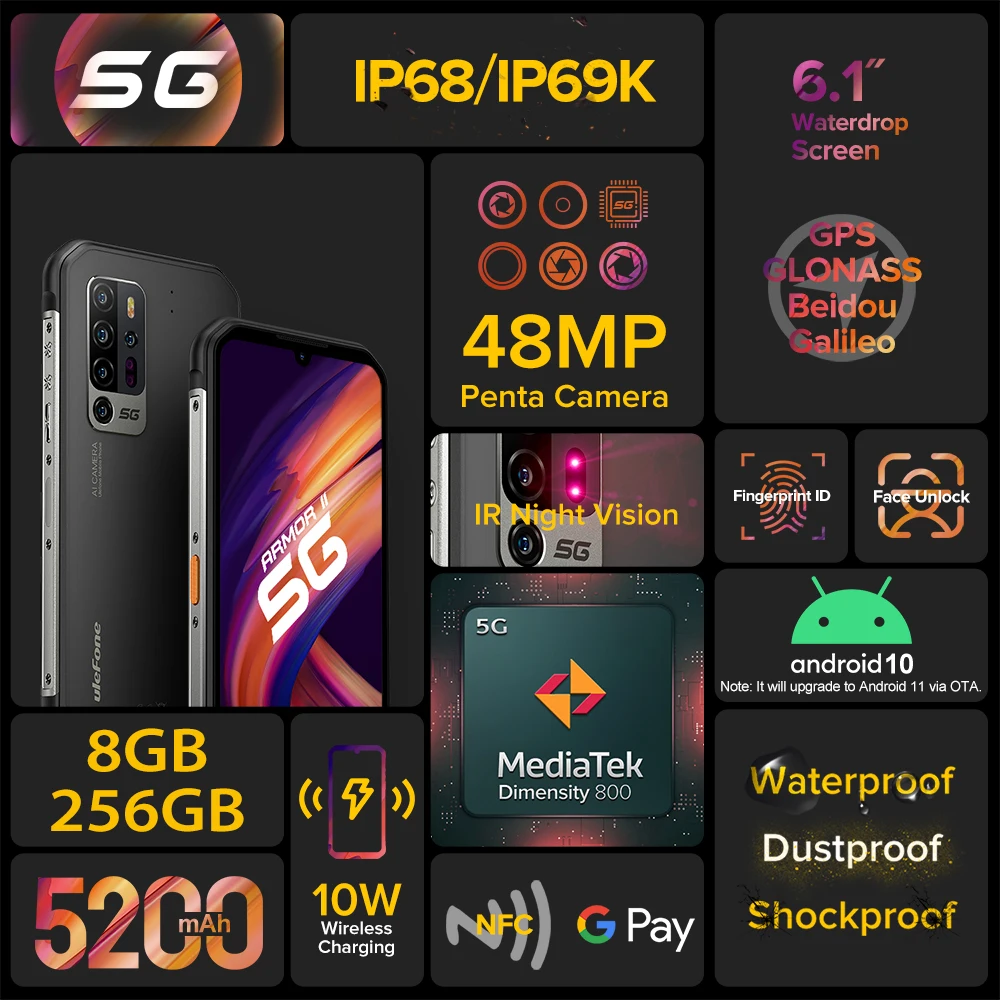 ulefone armor 11 5g rugged mobile phone 8gb 256gb waterproof smartphone 48mp nfc mobile phone wireless charging free global shipping