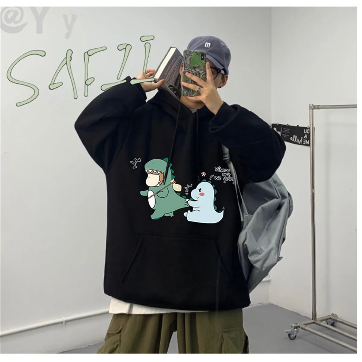 

Dinosaur Print Sweatshirt Boy Pullover Gothic Hoodie Casual Loose Harajuku Couple Tops Streetwear Men Clothes Cartoon Hoodie