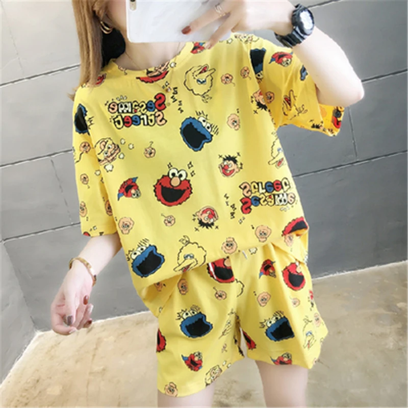 

Fashion Two Pieces Pajamas Set Women Funny Cartoon Print Pajamas Plus Size 2020 Summer Leisure Wearing Pijamas Sleepwear Suits